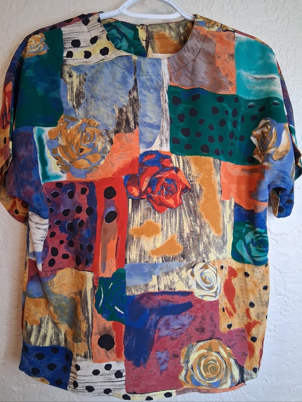 Che Studio Colorful Abstract Floral Patchwork Silky Blouse Sz S Artsy Boxy